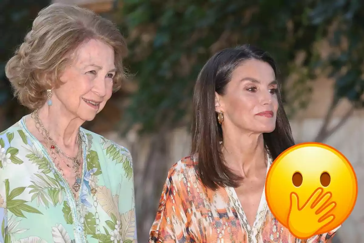 Reina Sofia i Letizia somriuen mentre estan drets a l'aire lliure, Sofia porta un vestit amb estampat floral i Letizia un vestit amb estampat colorit, amb un emoji de cara sorpresa cobrint part de la imatge.