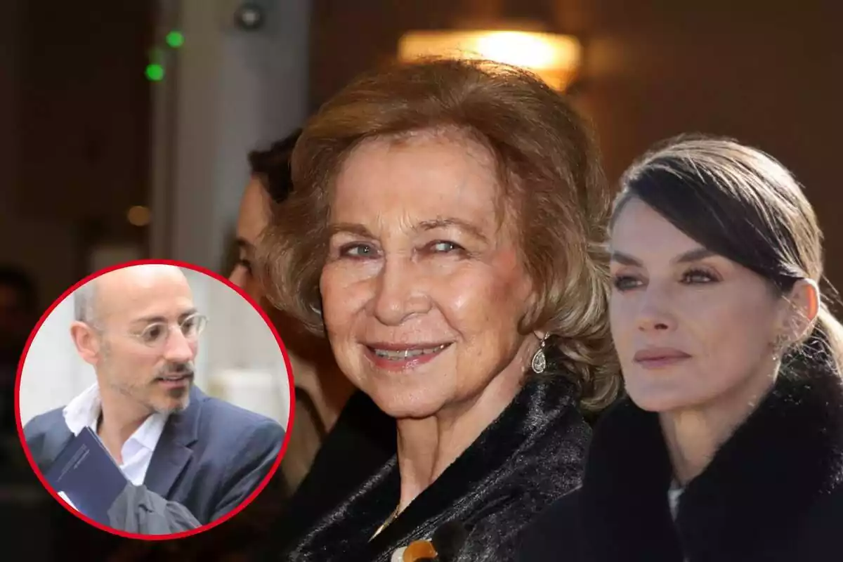 Muntatge amb la reina Sofia somrient, Letizia seria amb els cabells recollits i Jaume del Burgo de perfil