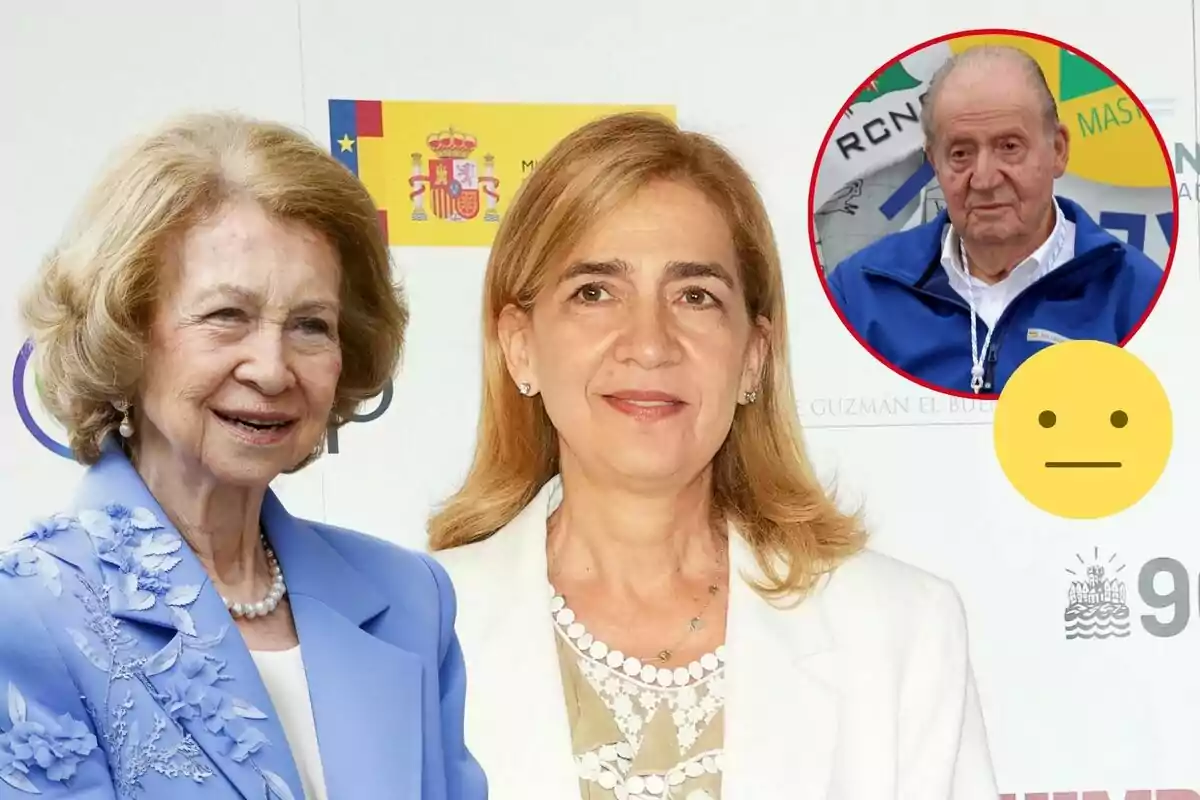 La reina Sofia i la infanta Cristina posen juntes davant d'un fons amb un escut d'Espanya i Joan Carles I apareix en un cercle vermell a la cantonada superior dreta.