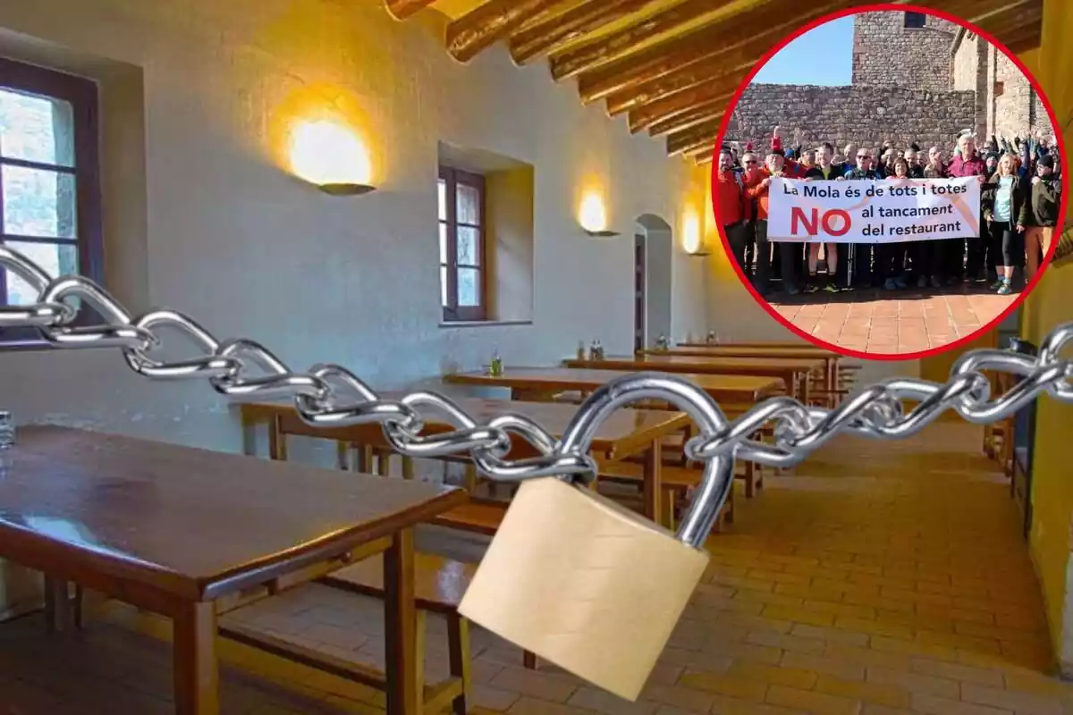 Muntatge de menjador del restaurant la Mola tancat amb cadenat i cercle amb protesta d'excursionistes pel tancament del restaurant