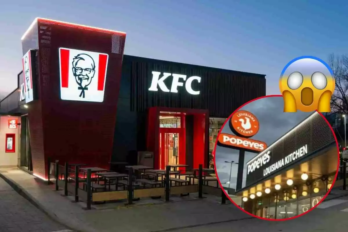 Un restaurant de KFC amb un rètol il·luminat i un emoji sorprès al costat d'una imatge circular d'un restaurant Popeyes.