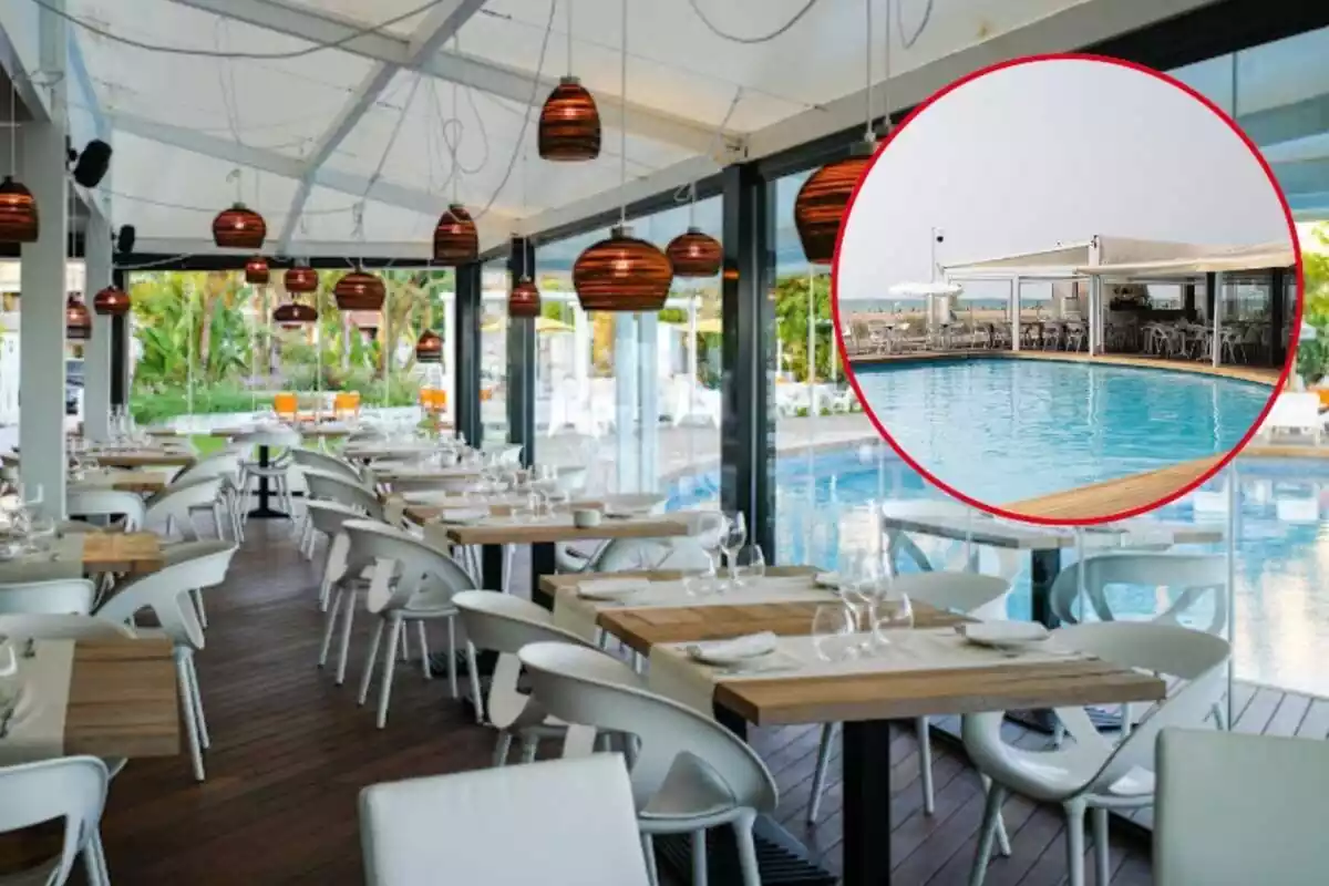 Muntatge amb un restaurant amb les taules posades i una imatge d´una piscina amb vistes a la platja