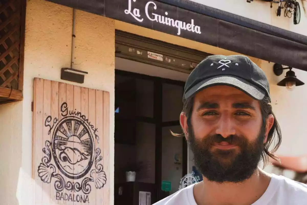 Muntatge del restaurant La Guingueta de Badalona amb Ricky Rubio amb una gorra negra