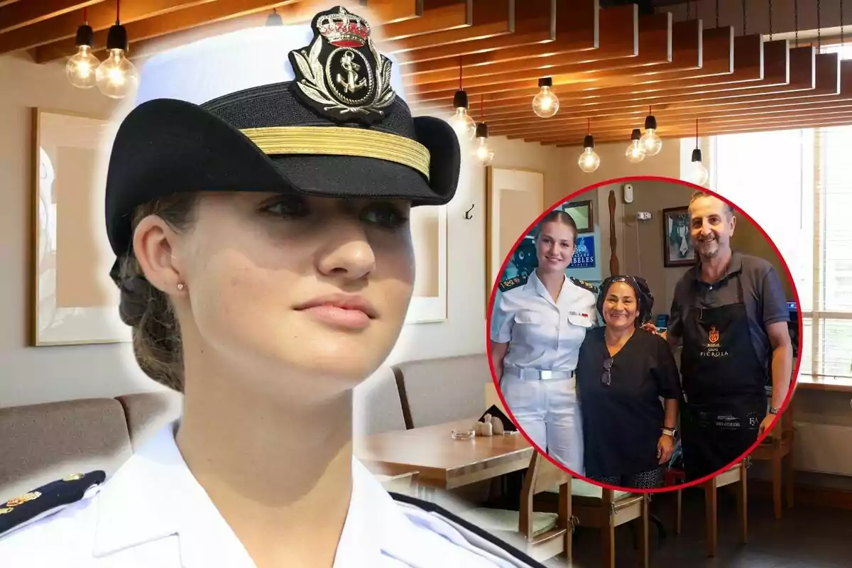 Leonor con uniforme naval aparece en primer plano, mientras que en un recuadro al fondo se muestra a la misma persona posando con dos personas en un ambiente interior.