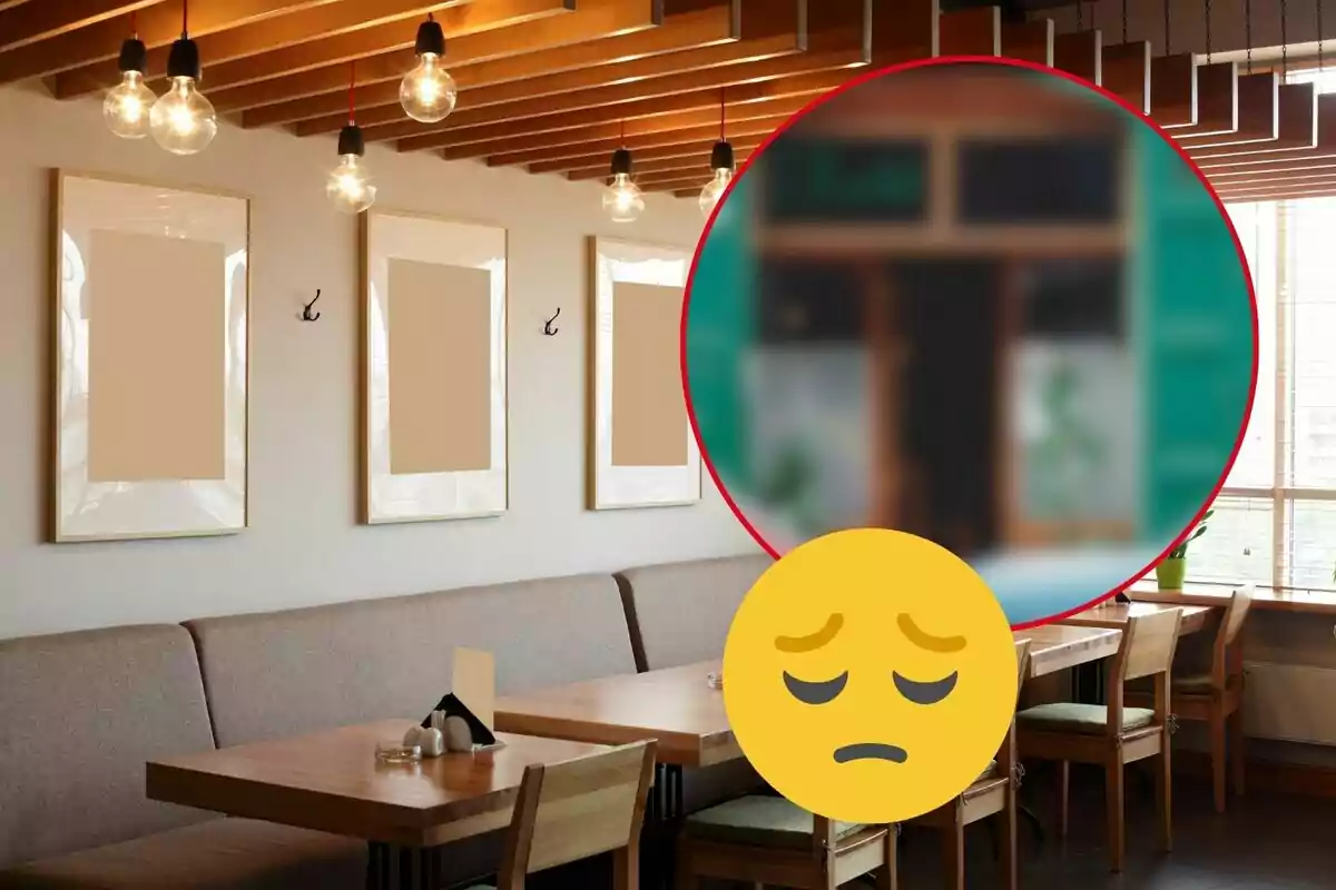 Un restaurante con mesas de madera y cuadros en la pared, con un círculo borroso y un emoji de cara triste superpuesto.