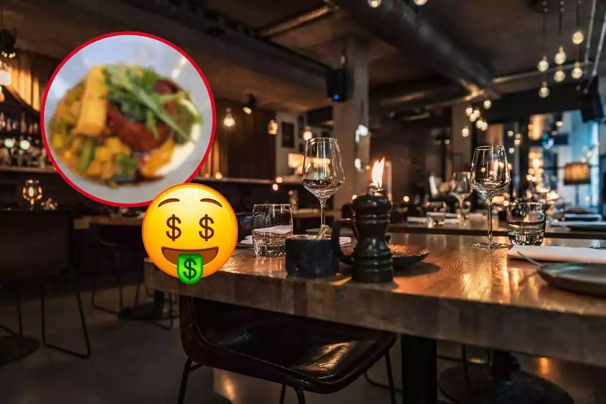 Muntatge d´un restaurant luxós amb una retallada d´un plat borrós i un emoji de diners