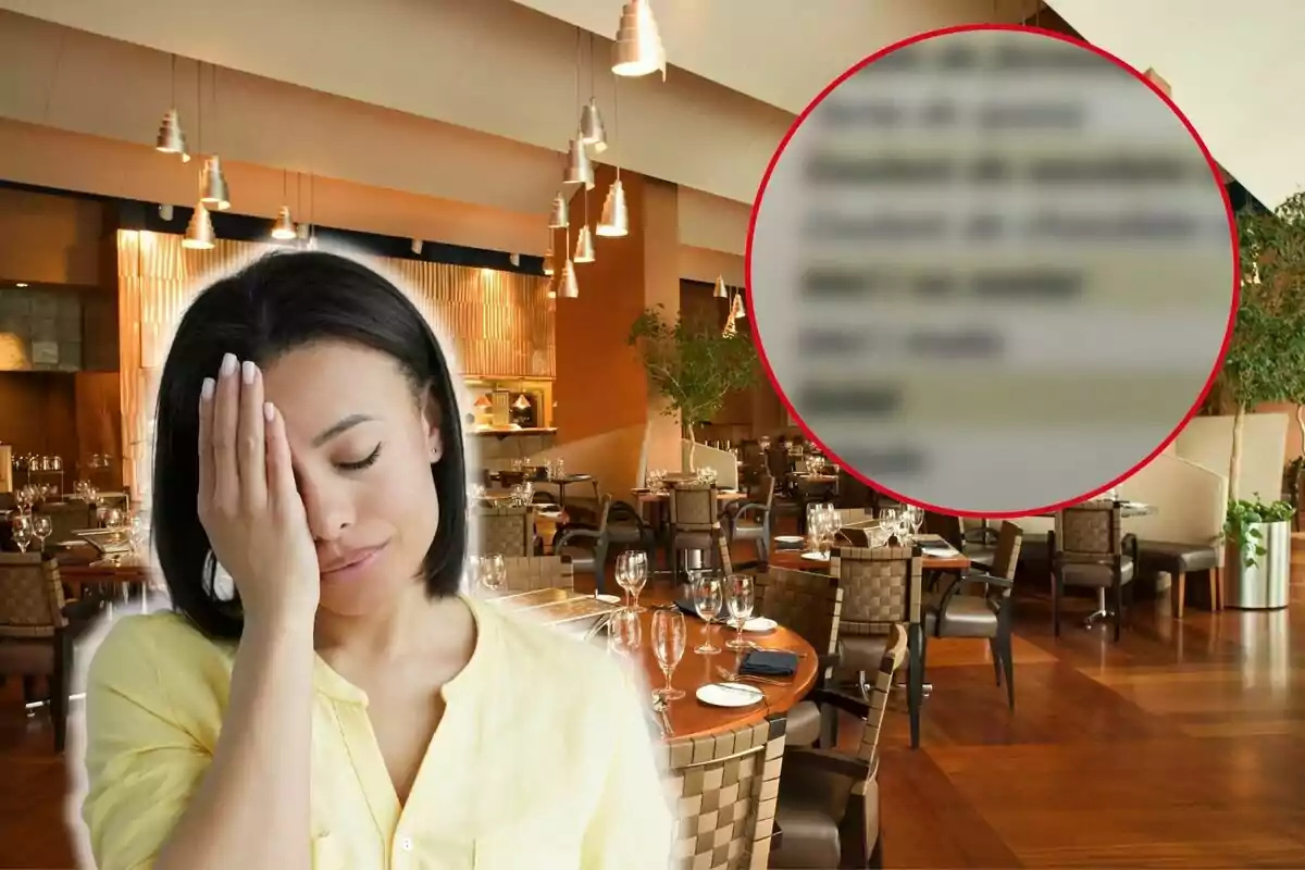 Una dona amb expressió de frustració es cobreix la cara amb una mà al?interior d?un restaurant elegant, amb un menú borrós en un cercle vermell a la cantonada superior dreta.