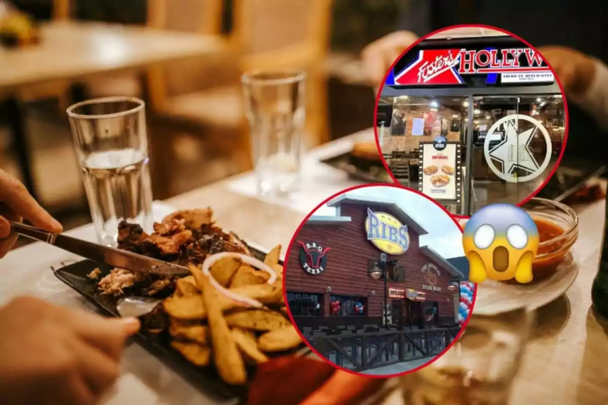 Una persona disfrutando de una comida con patatas y carne en un restaurante, con imágenes superpuestas de entradas de otros restaurantes y un emoji sorprendido.