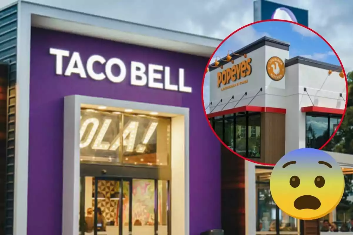 A Taco Bell restaurant with a circle showing a Popeyes restaurant and a surprised face emoji.