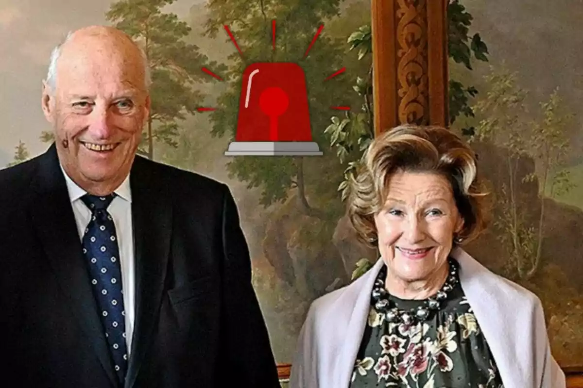 El rey Harald de Noruega y Sonia sonríen frente a un fondo pintado de paisaje con un ícono de alarma roja sobre ellos.