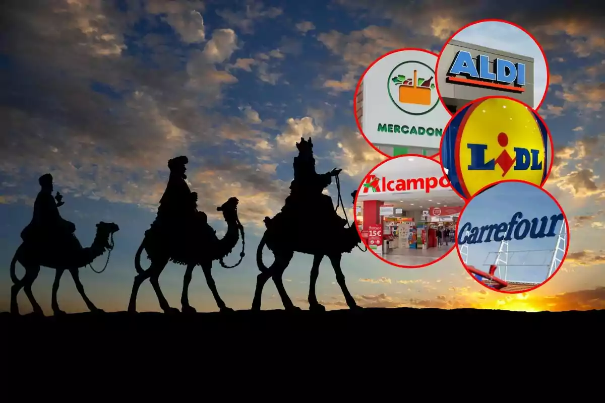 Silueta de los Reyes Magos en camellos al atardecer con logotipos de supermercados en círculos superpuestos.