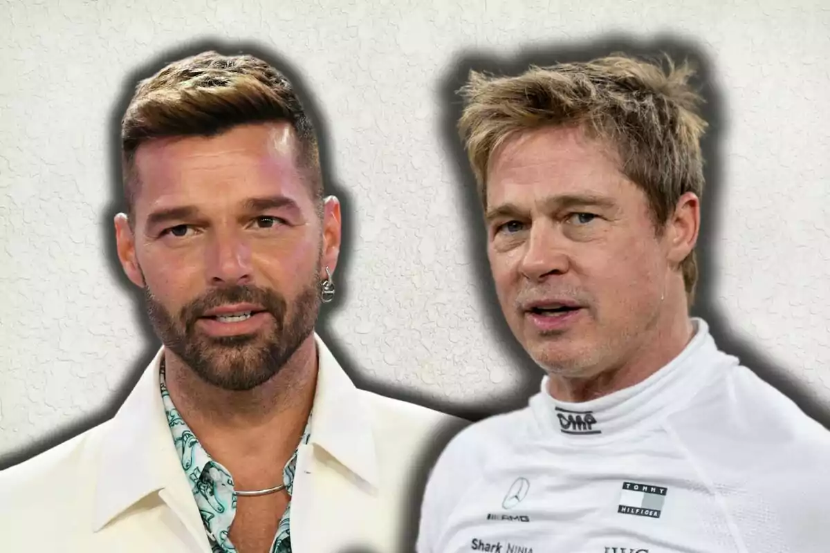 Ricky Martin and Brad Pitt posing together in front of a light background.