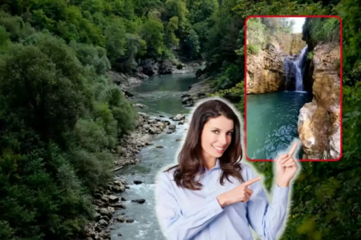 Muntatge d´un riu amb pedres, una cascada d´aigua i una noia somrient assenyalant amb una camisa blava