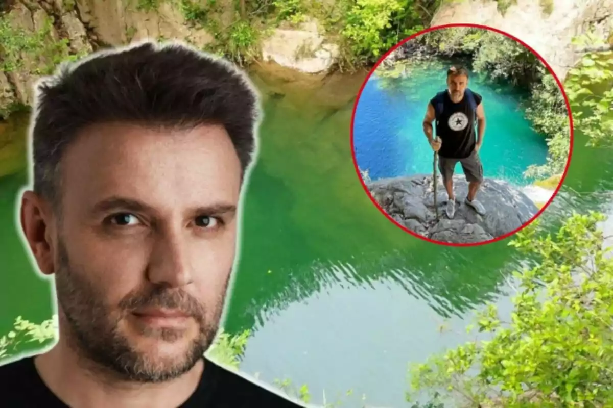 Jordi Planas amb barba davant d'un llac verd i una imatge circular d'ell mateix en una roca al costat d'un llac blau.