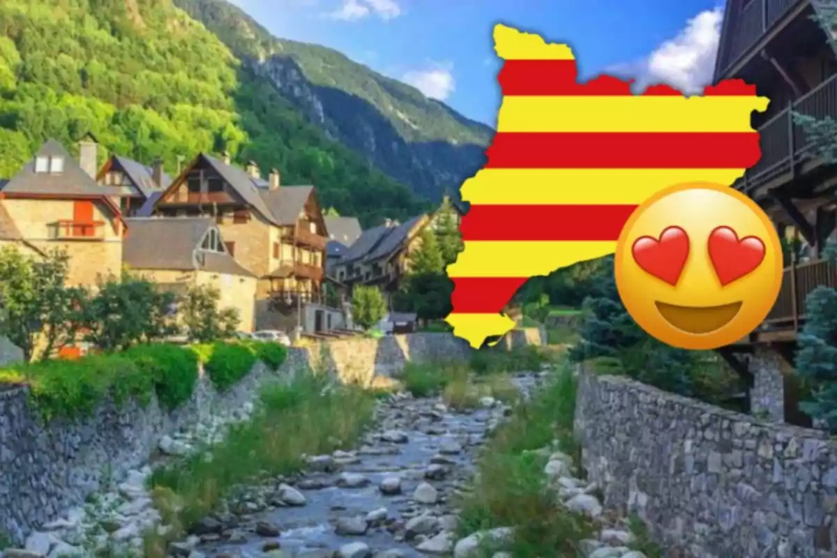 Paisatge muntanyós amb cases de pedra i un riu, sobre el qual apareix un mapa amb franges vermelles i grogues i un emoji de cara enamorada.