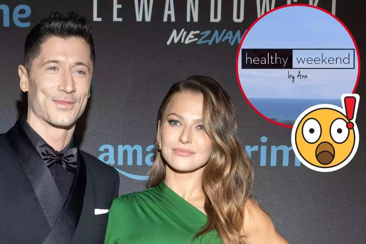 Muntatge de Robert Lewandowski en vestit negre i corbatí al costat d'Anna Lewandowska amb un vestit verd, presentació de la Healthy Weekend i un emoji de sorpresa