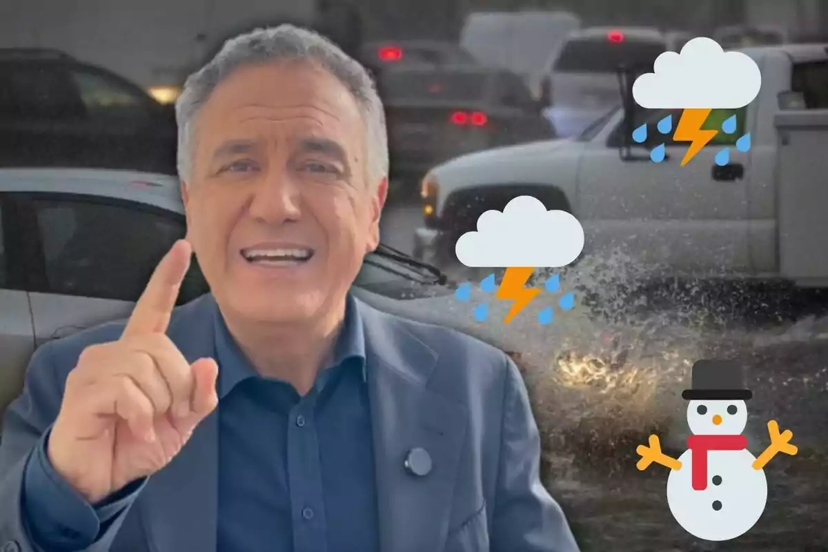 Un hombre gesticulando frente a una escena de tráfico bajo la lluvia con emojis de tormenta y un muñeco de nieve.