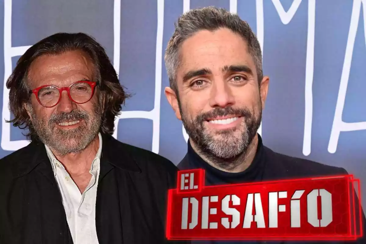 Muntatge amb Pepe Navarro amb ulleres vermelles, Roberto Leal somrient amb coll alt i el logotip de 'El Desafío'
