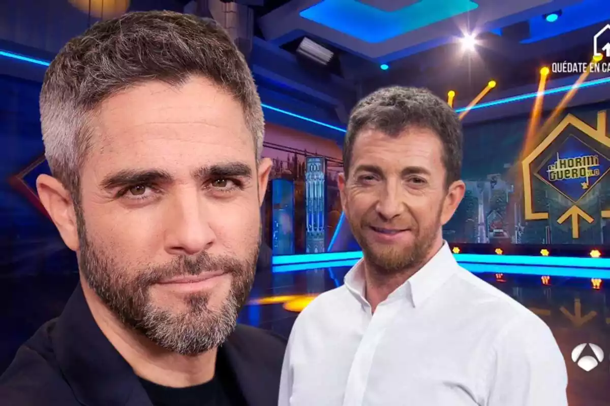 Muntatge de Roberto Leal seriós al costat de Pablo Motos somrient durant la seva entrevista a 'El Hormiguero' del 23 d'octubre de 2023