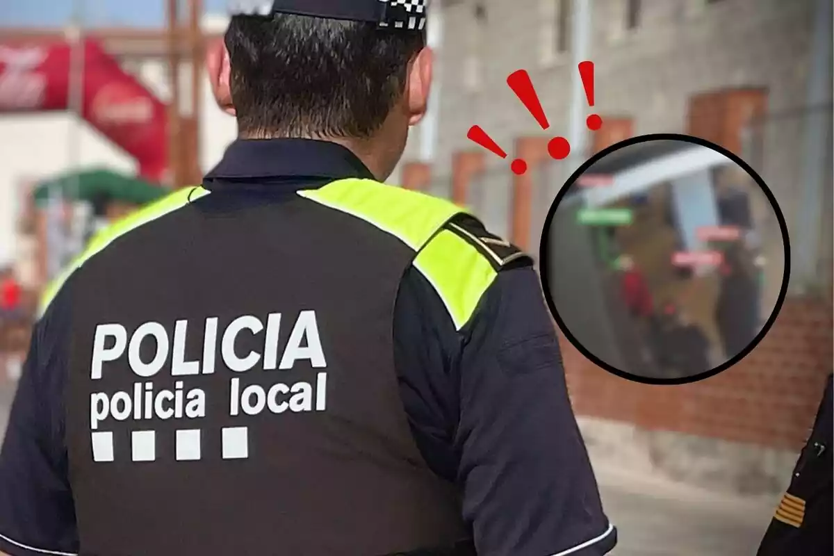 Muntatge d´un policia d´esquena al carrer amb una retallada borrosa al costat d´una estafa en un banc i signes d´exclamació al voltant