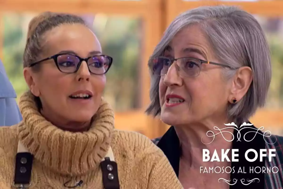 Muntatge de 'Bake Off' amb Rocío Carrasco amb un coll alt marró, Eva Arguiñano parlant i el logo del programa