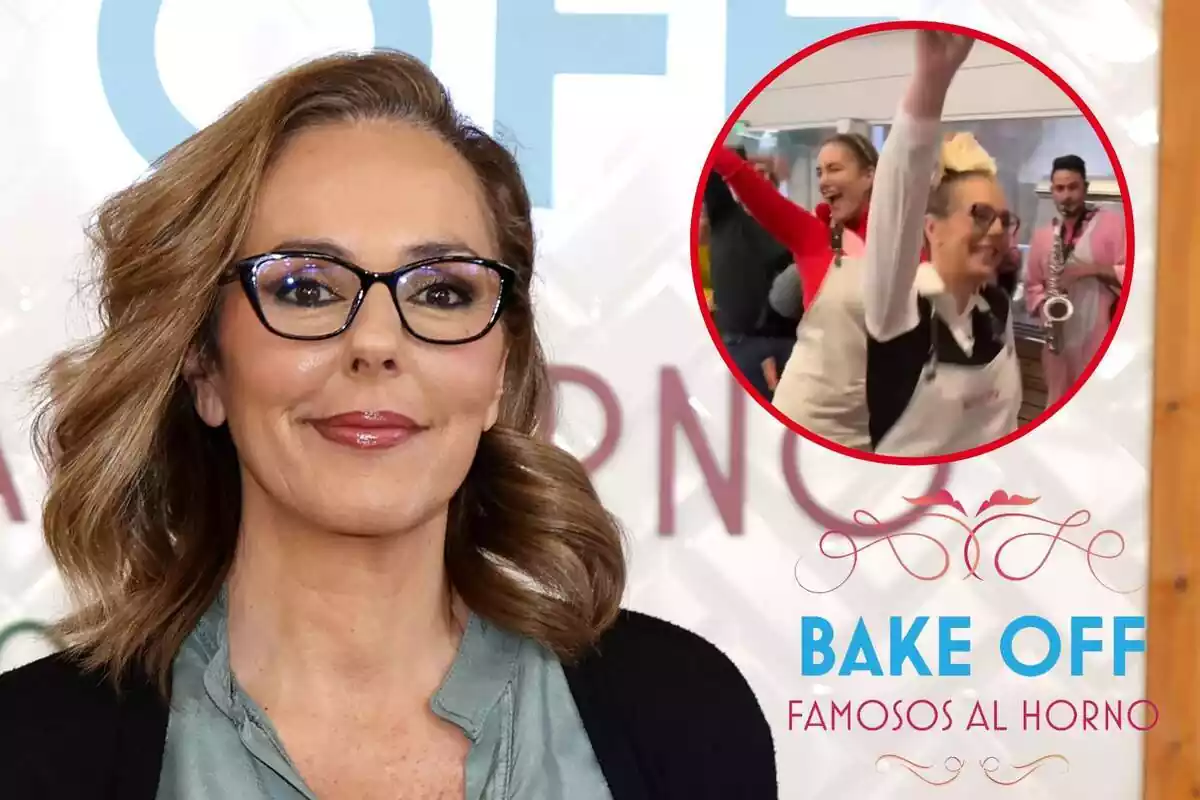 Muntatge de Rocío Carrasco somrient amb ulleres negres, el logotip de 'Bake Off' i ella al costat d'Alba Carrillo rient fent el tren