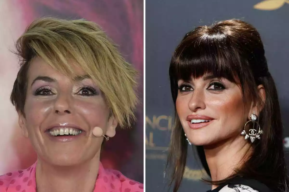 Montaje de Rocío Carrasco con el pelo corto y un micrófono y Penélope Cruz sonriendo con el pelo medio recogido