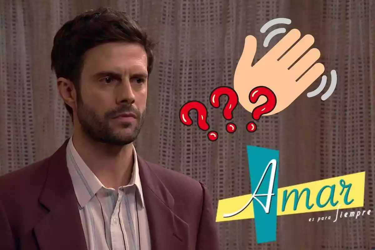 Muntatge de Román d''Amar es para siempre' seriós, el logo de la sèrie, una mà fent adéu i uns interrogants vermells