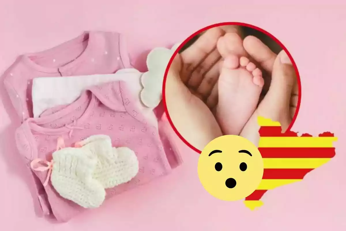 Muntatge de roba de nadó rosa, un peu de nadó i la silueta de Catalunya i una cara sorpresa