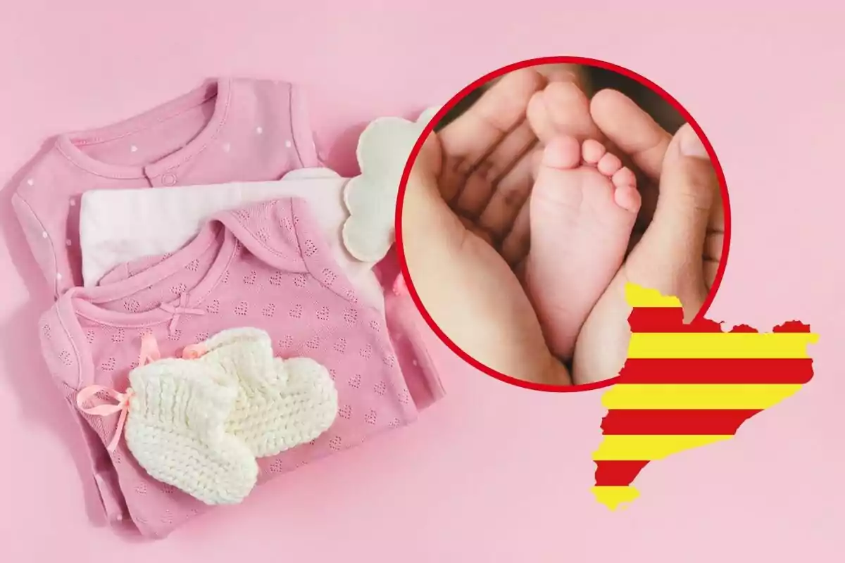 Muntatge de roba de nadó rosa, un peu de nadó i la silueta de Catalunya