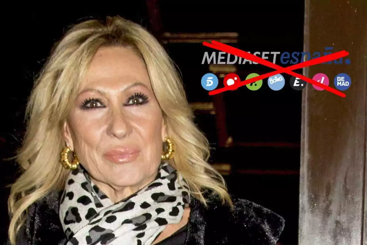 Muntatge amb Rosa Benito amb un mocador de lleopard i el logotip de Mediaset ratllat amb una creu vermella