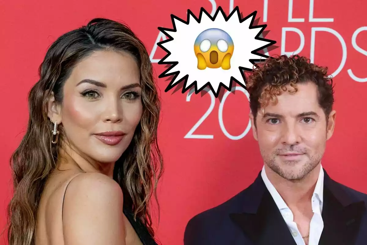 Rosanna Zanetti y David Bisbal posando frente a un fondo rojo con un emoji de sorpresa entre ellos.