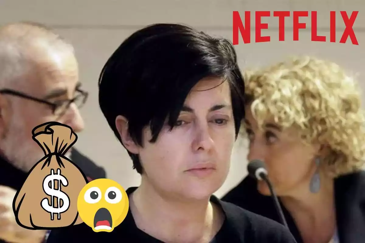 Muntatge de Rosario Porto seria amb la mirada cap avall, el logotip de Netflix i una bossa de diners al costat d'un emoji de sorpresa