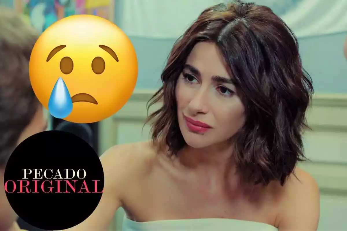 Muntatge de 'Pecado Original' amb Sahika trist amb una samarreta sense mànigues, el logo de la sèrie i un emoji plorant