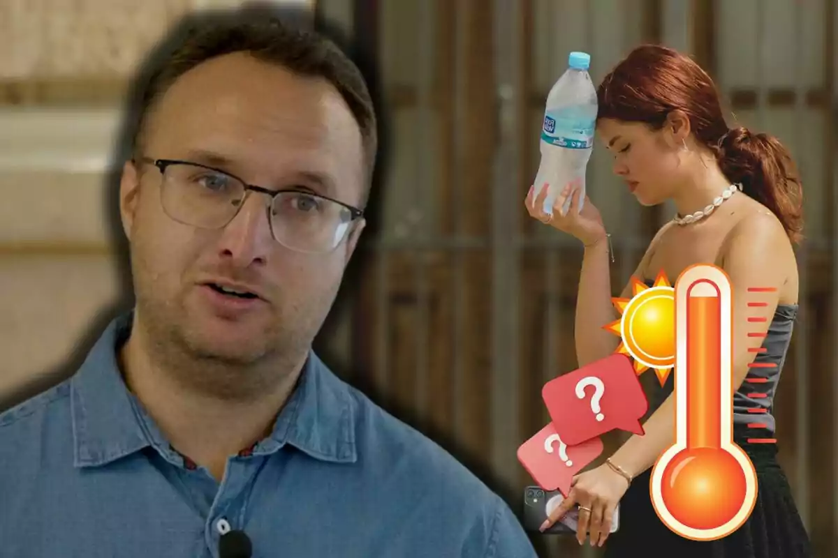 Un home amb ulleres i camisa blava parla mentre una dona sosté una ampolla d'aigua al front, amb icones de sol i termòmetre indicant calor.
