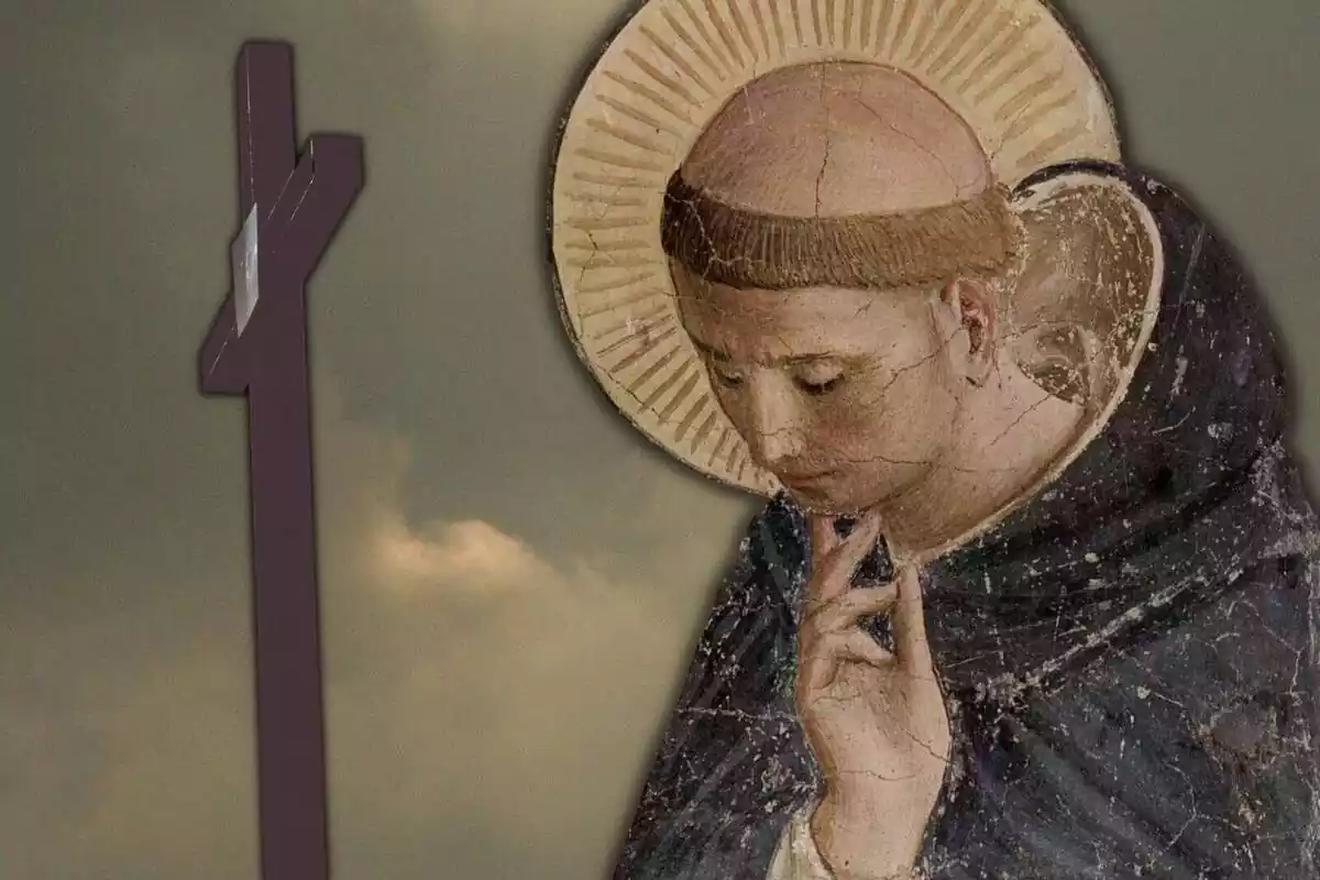 Muntatge del retrat de Sant Domènec de Guzmán amb un fons fosc i ple de núvols i una creu