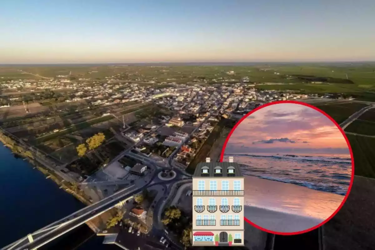 Muntatge d´una imatge aèria de Sant Jaume d´Enveja, la platja durant el capvespre i un bloc de pisos