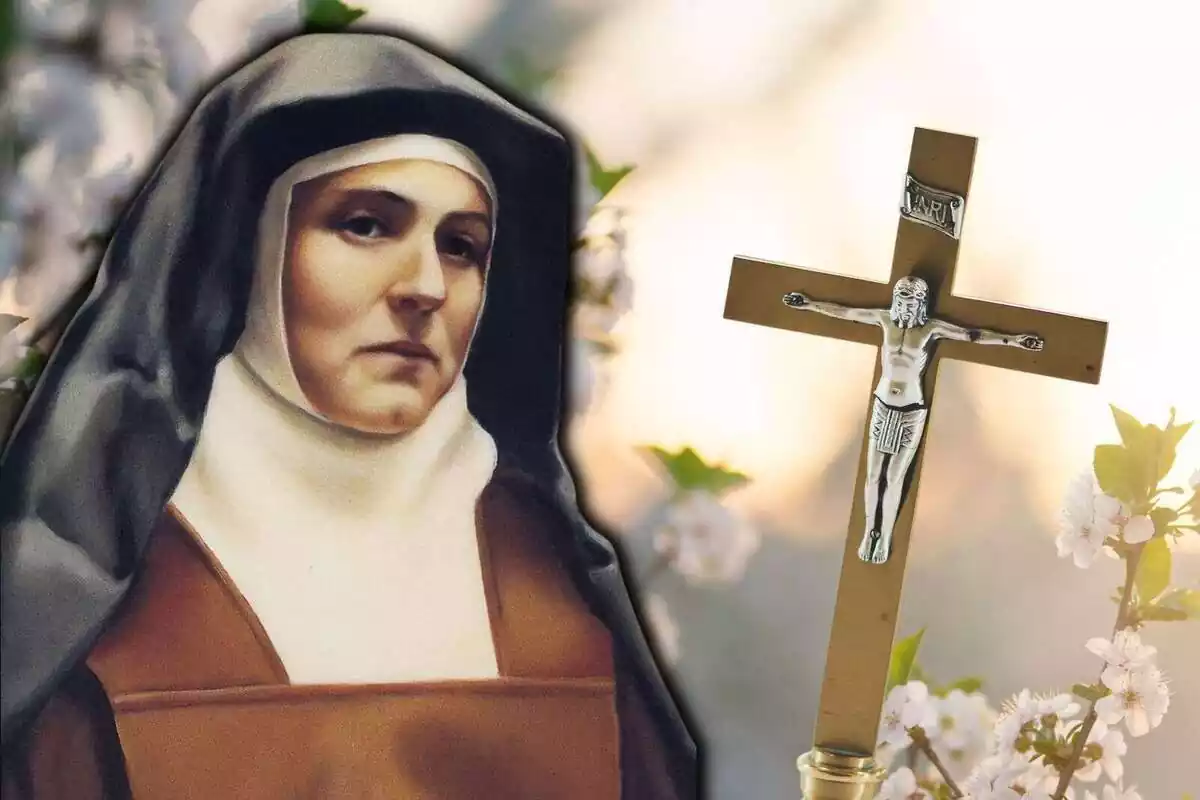 Muntatge de Santa Edith Stein en un fons amb flors i una creu de Jesús