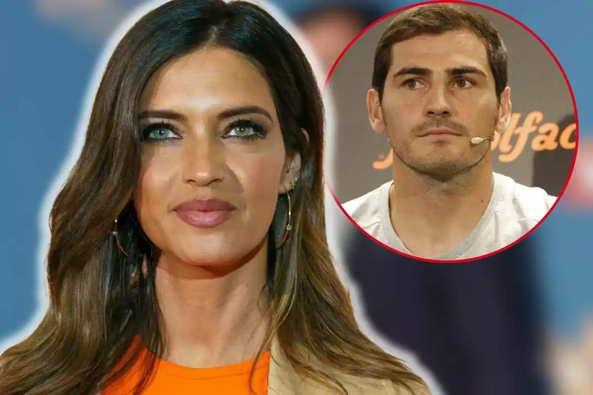 Sara Carbonero de cabello oscuro en primer plano con Iker Casillas en un círculo rojo en la esquina superior derecha.