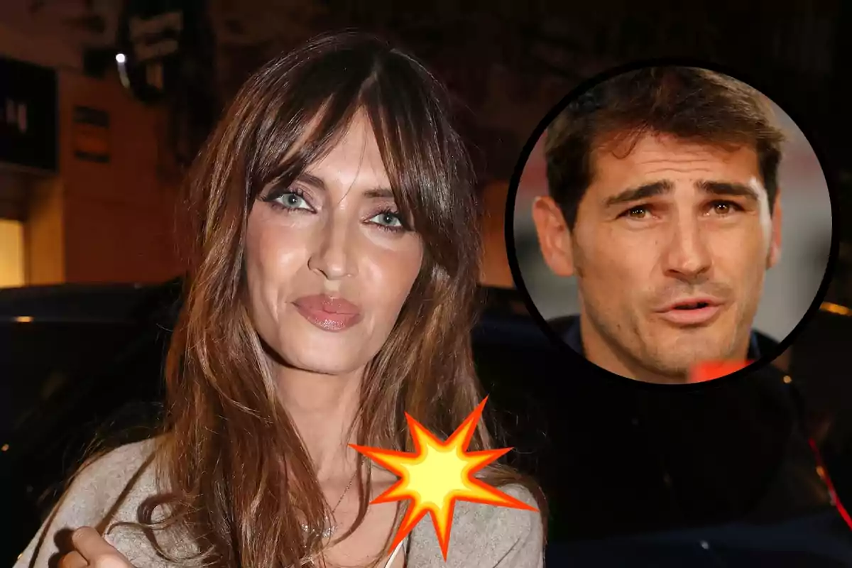 Montaje con Sara Carbonero, con cabello largo y castaño y una sonrisa; el emoticono de un estallido y, en un círculo, el rostro serio de Iker Casillas