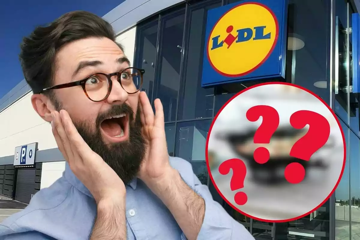 Home sorprès davant d'una botiga Lidl amb un cercle vermell que conté signes d'interrogació.