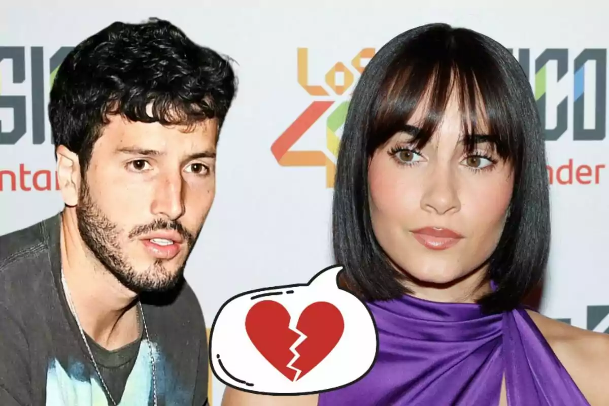 Sebastian Yatra i Aitana amb una il·lustració d'un cor trencat entre elles.