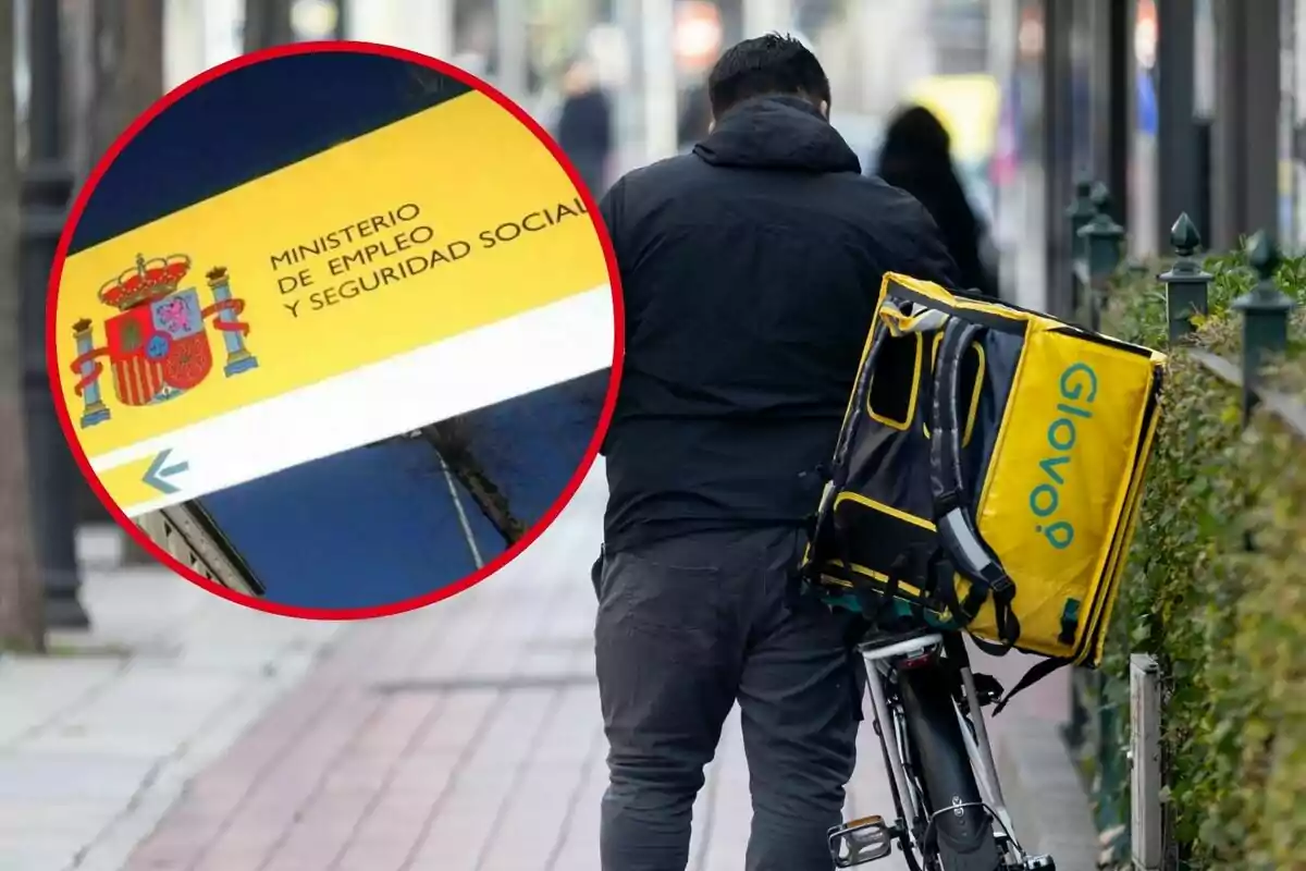 Repartidor de Glovo amb motxilla groga amb bicicleta, amb un requadre que mostra el logotip del Ministeri d'Ocupació i Seguretat Social d'Espanya.