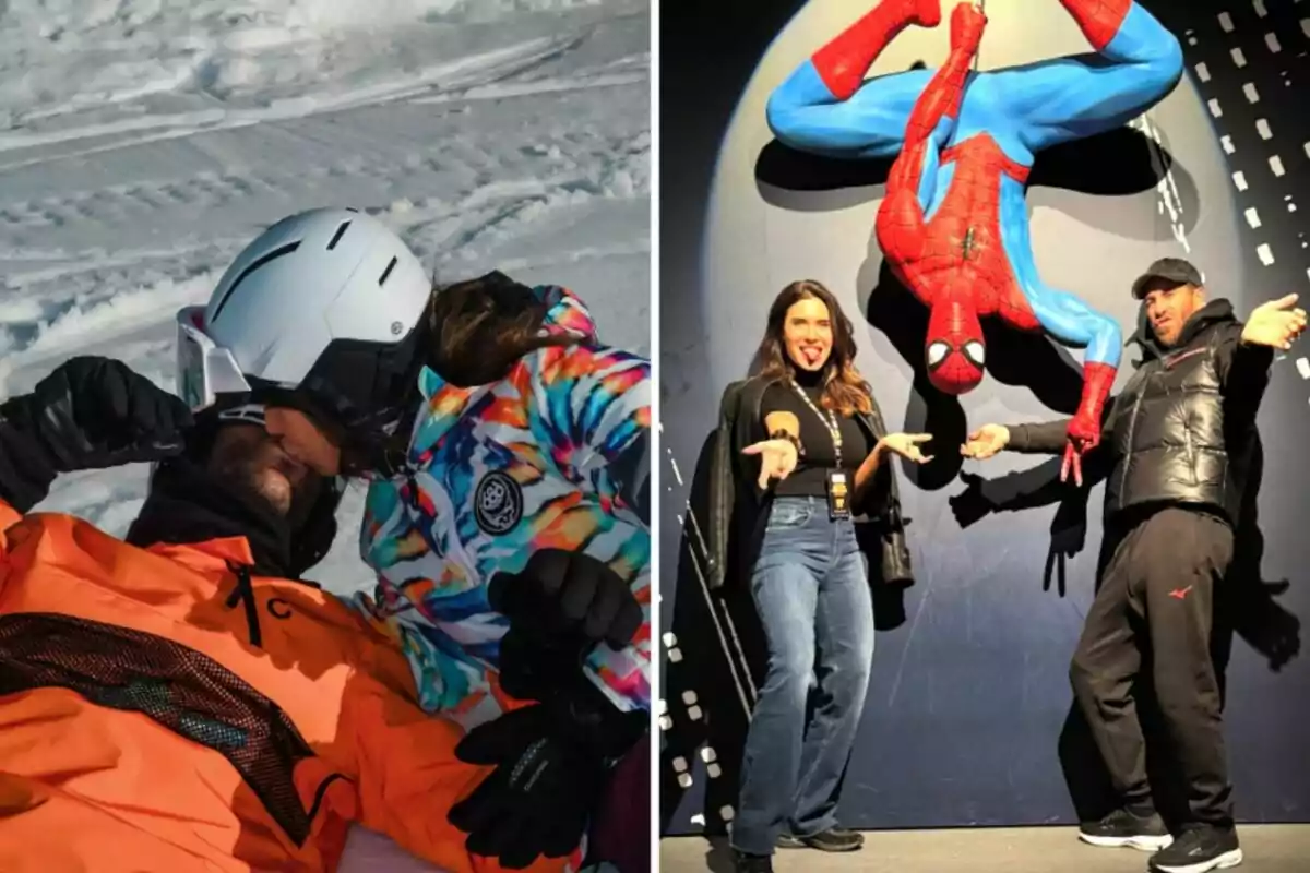 Sergio Ramos i Pilar Rubio es fan un petó a la neu mentre posen al costat d'una figura de Spider-Man. Sergio Ramos i Pilar Rubio es fan un petó a la neu mentre posen al costat d'una figura de Spider-Man.