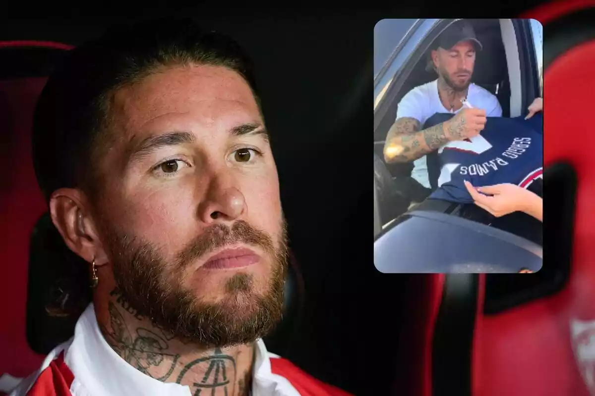 Muntatge d'un primer pla de Sergio Ramos seriós i ell dins del cotxe signant una samarreta