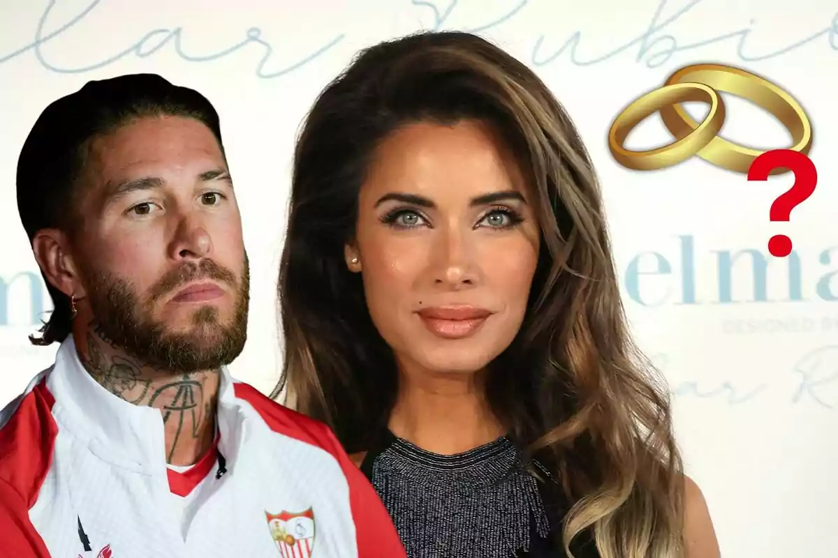 Sergio Ramos i Pilar Rubio posen juntes amb un símbol d?anells de matrimoni i un signe d?interrogació.