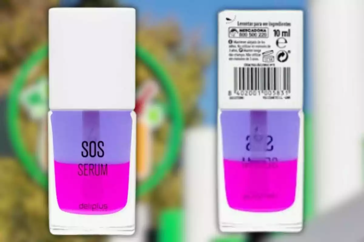 Frasco de esmalte bicolor con tapa blanca y la etiqueta SOS Serum de la marca Deliplus, mostrado de frente y de reverso
