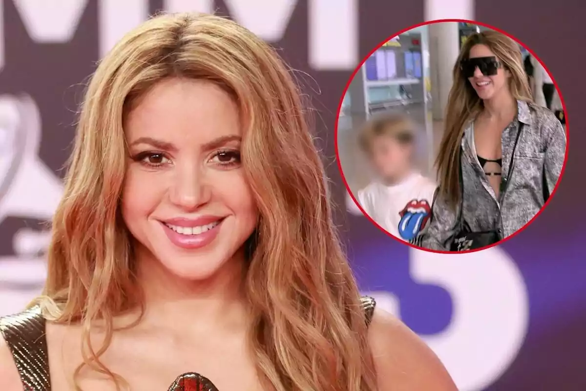 Shakira con cabello largo y rubio sonríe en un evento, mientras que en un recuadro se muestra a la misma persona caminando con gafas de sol y una camisa abierta sobre un top negro.