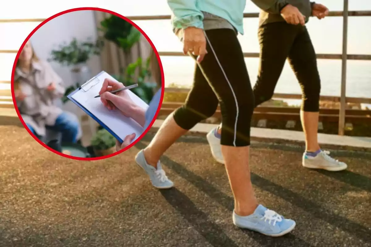 Personas caminando al aire libre con un recuadro que muestra a alguien escribiendo en un portapapeles.