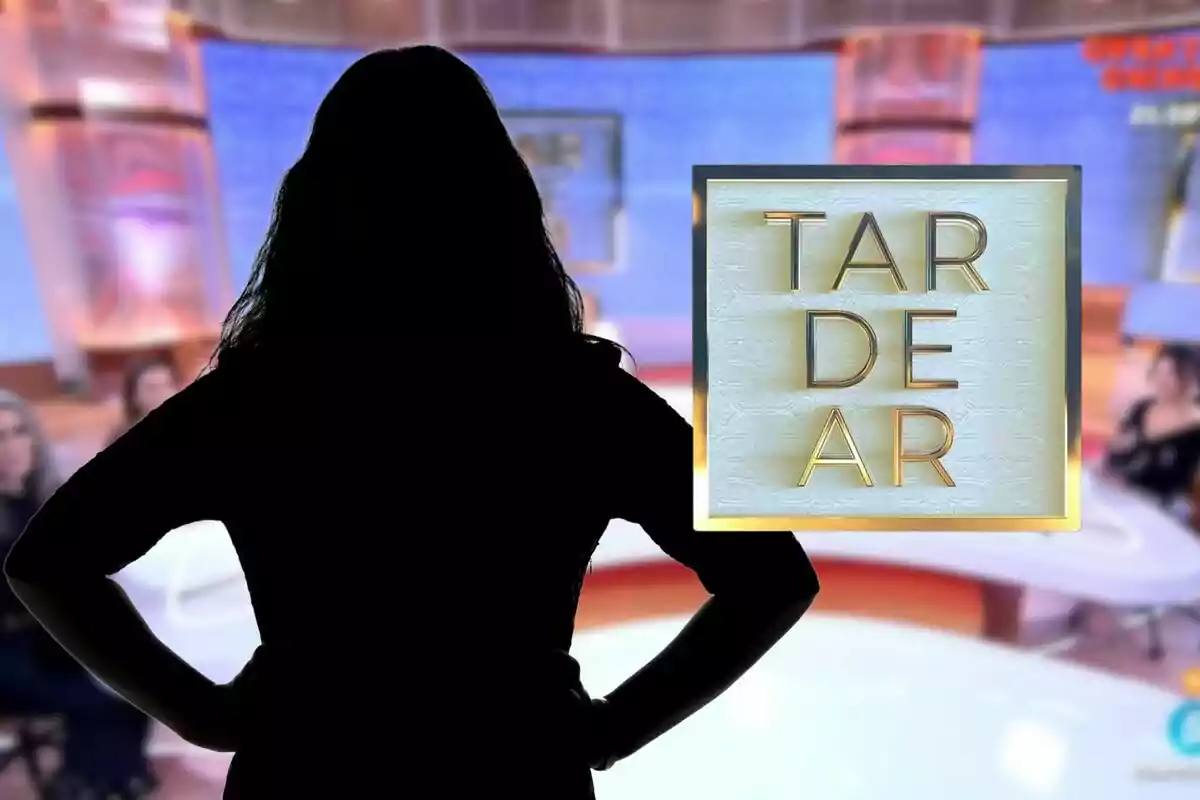 Una silueta de una persona de pie con las manos en la cintura frente a un fondo borroso de un set de televisión con el logotipo del programa "TARDEAR" en primer plano.